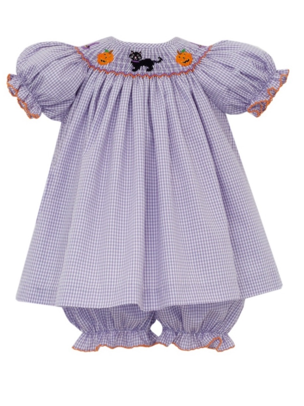 Petit Bebe Lavender Gingham Kids Matching Set with Pumpkin & Cat Smocking